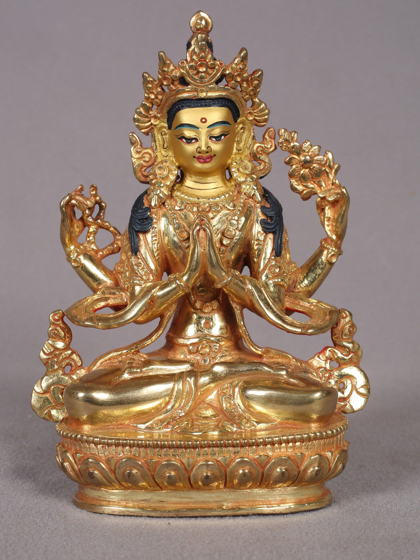 6" Buddhist Deity Chenrezig (Four Armed Avalokiteshvara) Copper Statue | Handmade Buddhist Deity Idol