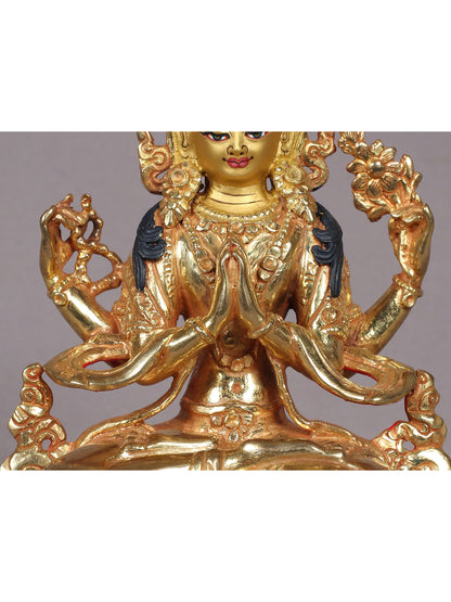 6" Buddhist Deity Chenrezig (Four Armed Avalokiteshvara) Copper Statue | Handmade Buddhist Deity Idol