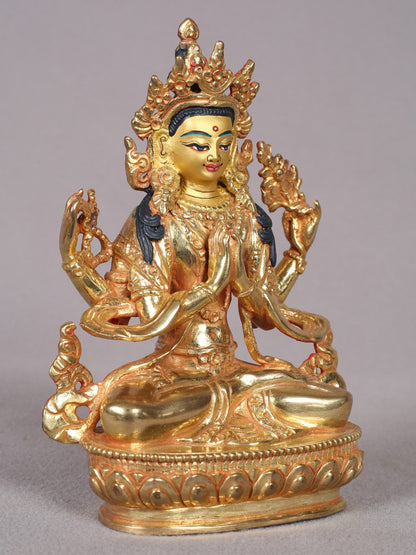 6" Buddhist Deity Chenrezig (Four Armed Avalokiteshvara) Copper Statue | Handmade Buddhist Deity Idol