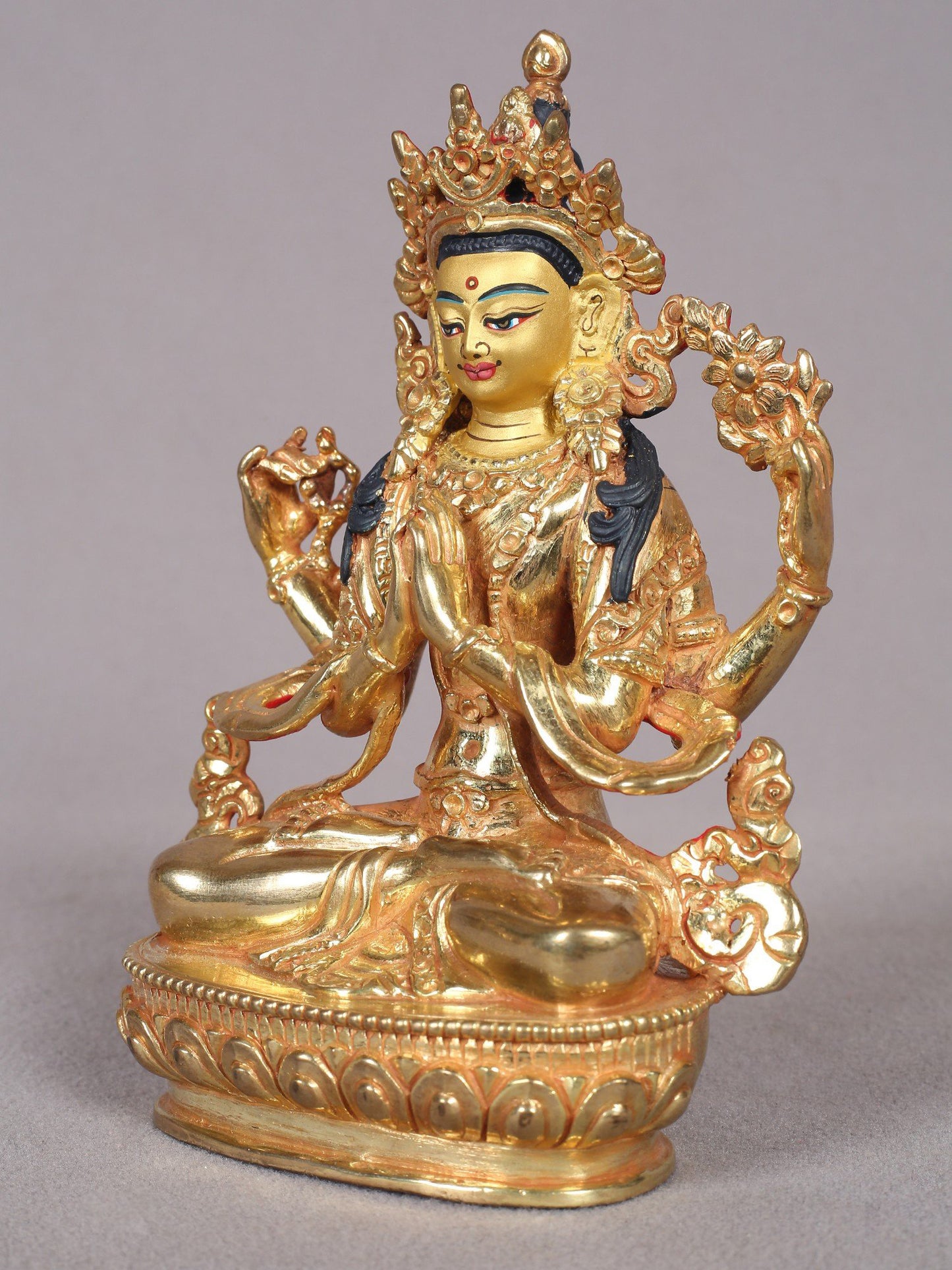 6" Buddhist Deity Chenrezig (Four Armed Avalokiteshvara) Copper Statue | Handmade Buddhist Deity Idol