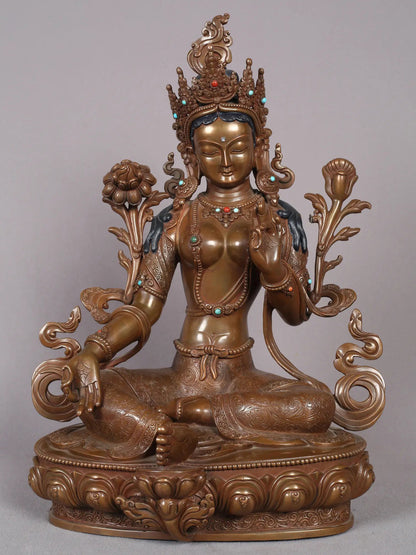 13" Goddess Green Tara Copper Statue From Nepal | Handmade Idol | Copper Goddess Statue