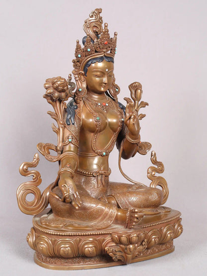 13" Goddess Green Tara Copper Statue From Nepal | Handmade Idol | Copper Goddess Statue