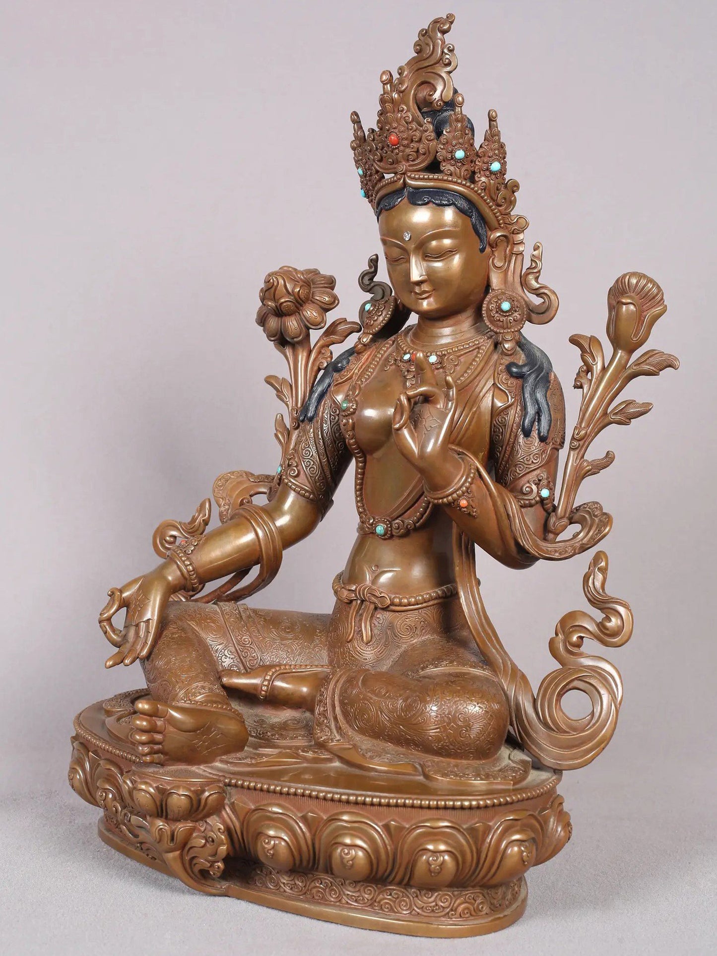 13" Goddess Green Tara Copper Statue From Nepal | Handmade Idol | Copper Goddess Statue