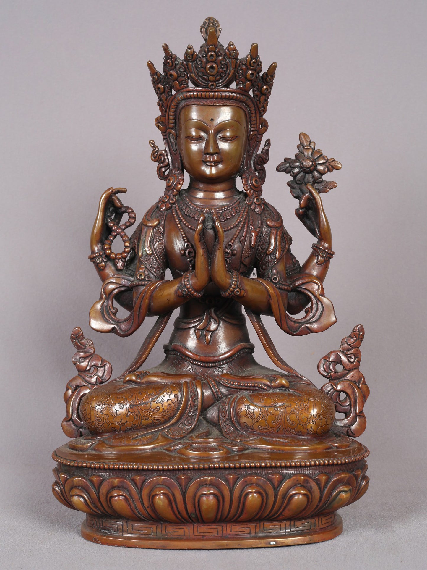 13" Chenrezig Copper Statue From Nepal | Handmade Idol | Buddhist Copper Statue