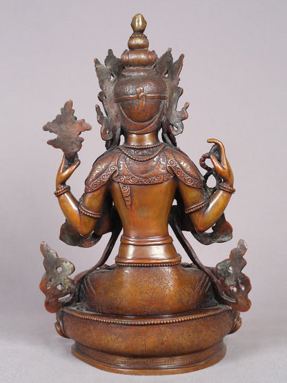 13" Chenrezig Copper Statue From Nepal | Handmade Idol | Buddhist Copper Statue