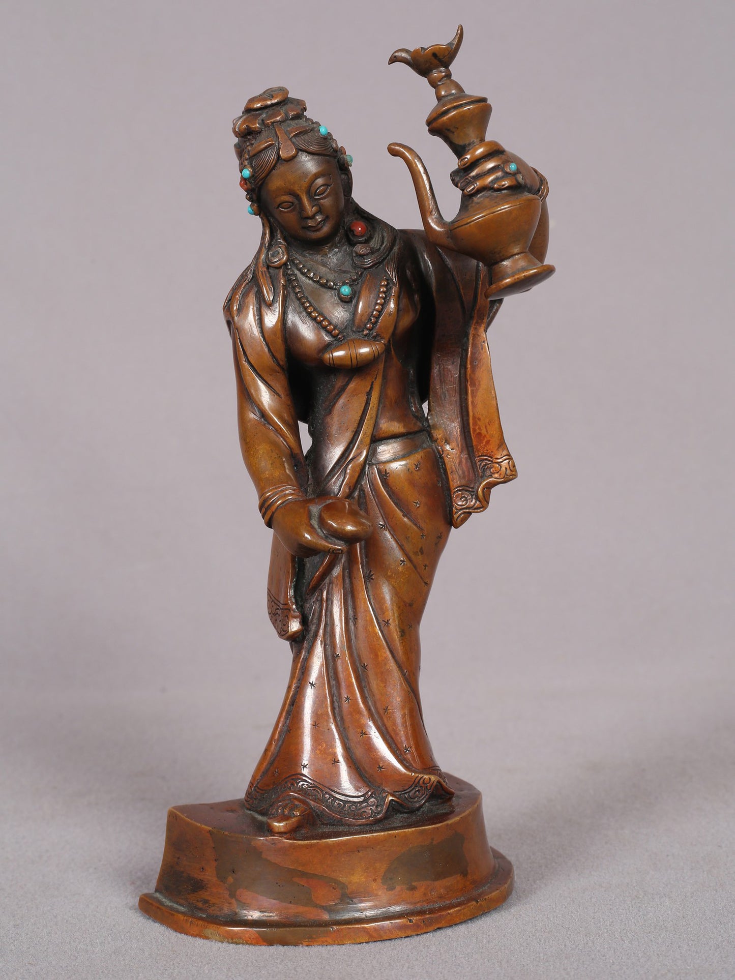 7" Wine Lady Copper Statue from Nepal | Handmade Sculpture