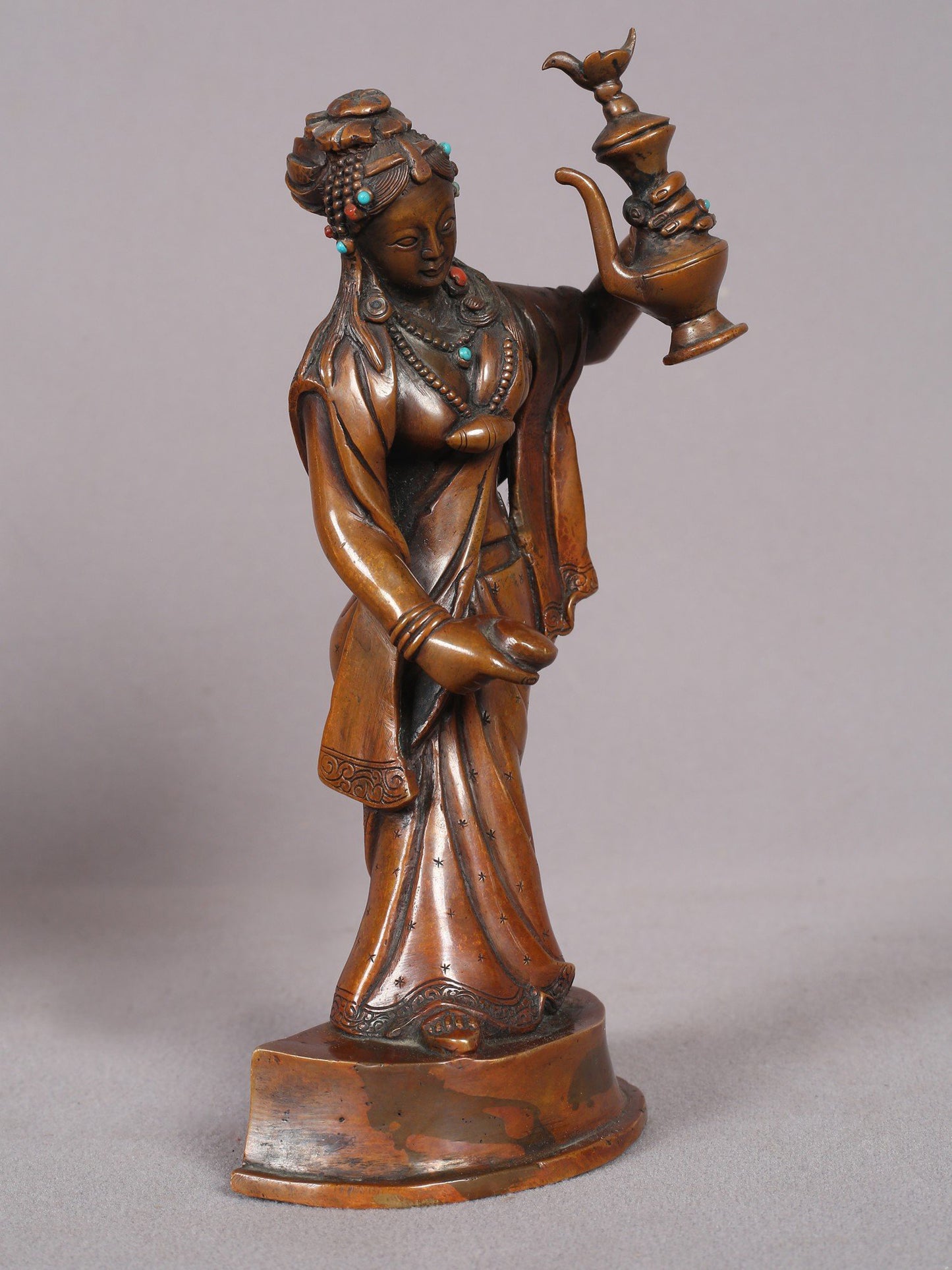 7" Wine Lady Copper Statue from Nepal | Handmade Sculpture