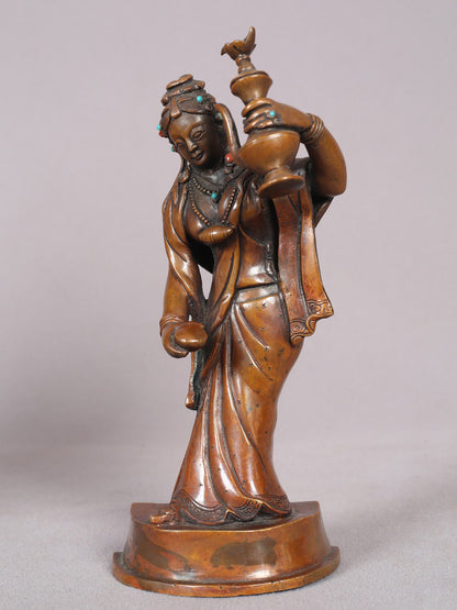 7" Wine Lady Copper Statue from Nepal | Handmade Sculpture