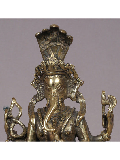 7" Sitting Four Hands Lord Ganesha Brass Statue from Nepal