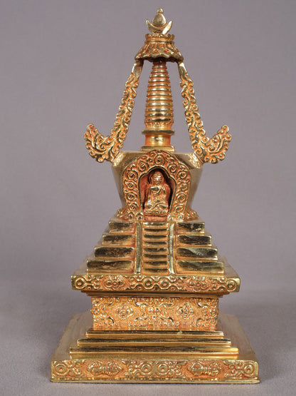 9" Stupa from Nepal | Handmade Sculpture | Copper With Gold Plated