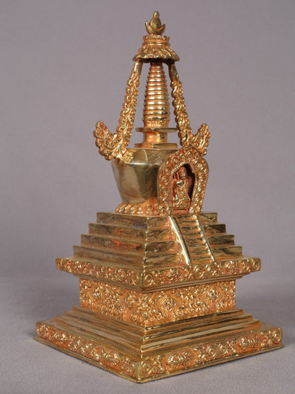 9" Stupa from Nepal | Handmade Sculpture | Copper With Gold Plated