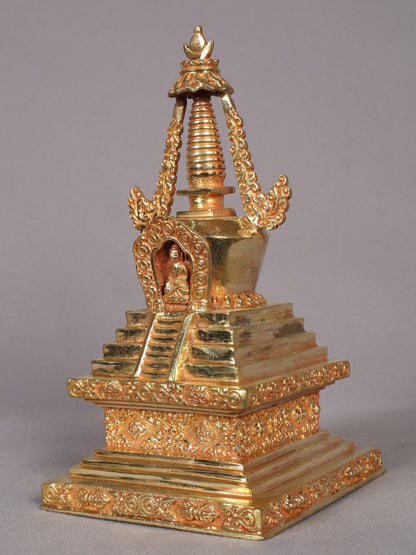 9" Stupa from Nepal | Handmade Sculpture | Copper With Gold Plated