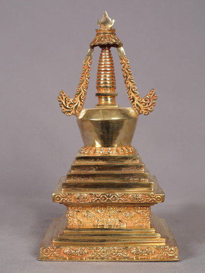 9" Stupa from Nepal | Handmade Sculpture | Copper With Gold Plated