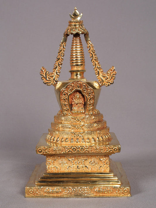 9" Stupa from Nepal | Copper with Gold Plated | Handmade Sculpture