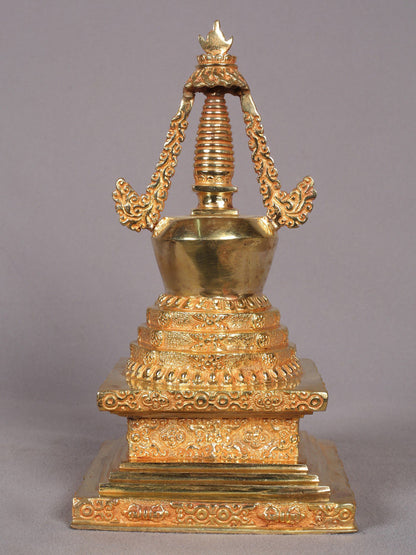 9" Stupa from Nepal | Copper with Gold Plated | Handmade Sculpture