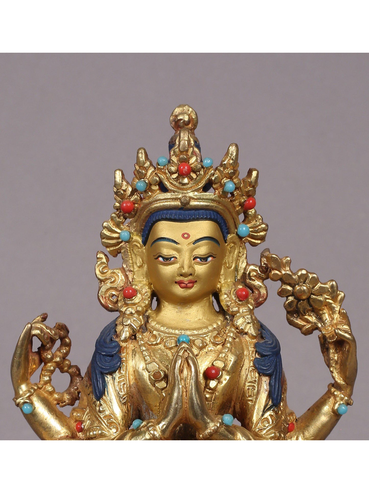 5" Chenrezig (Avalokiteshvara) Sculpture from Nepal | Copper Statue with Gold Plated