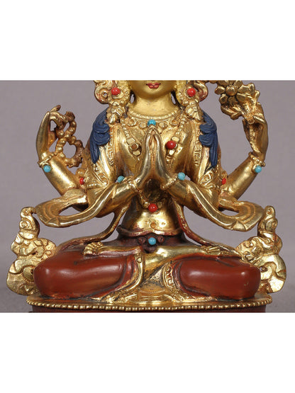 5" Chenrezig (Avalokiteshvara) Sculpture from Nepal | Copper Statue with Gold Plated