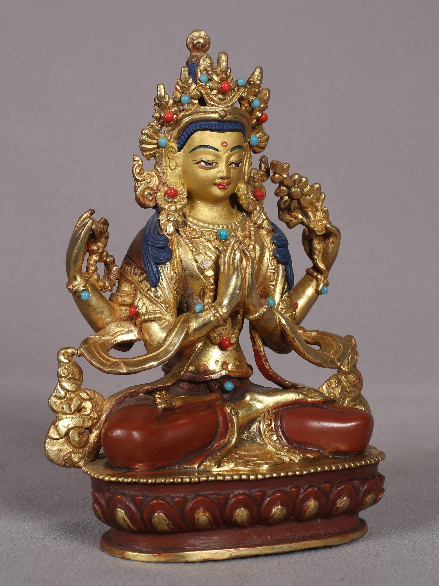 5" Chenrezig (Avalokiteshvara) Sculpture from Nepal | Copper Statue with Gold Plated