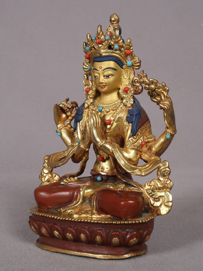 5" Chenrezig (Avalokiteshvara) Sculpture from Nepal | Copper Statue with Gold Plated