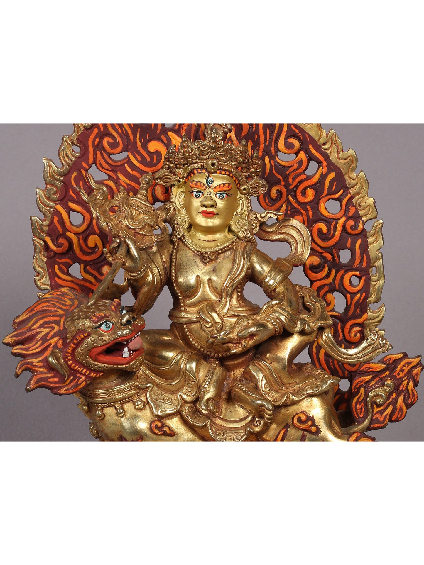 9" Buddhist Sculpture of Singh Kubera | Nepalese Copper Statue