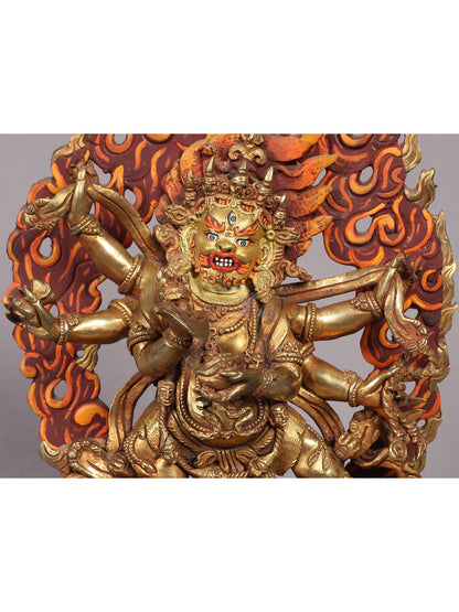 9" Six Hands Mahakala Statue from Nepal | Copper Idol with Gold Plated