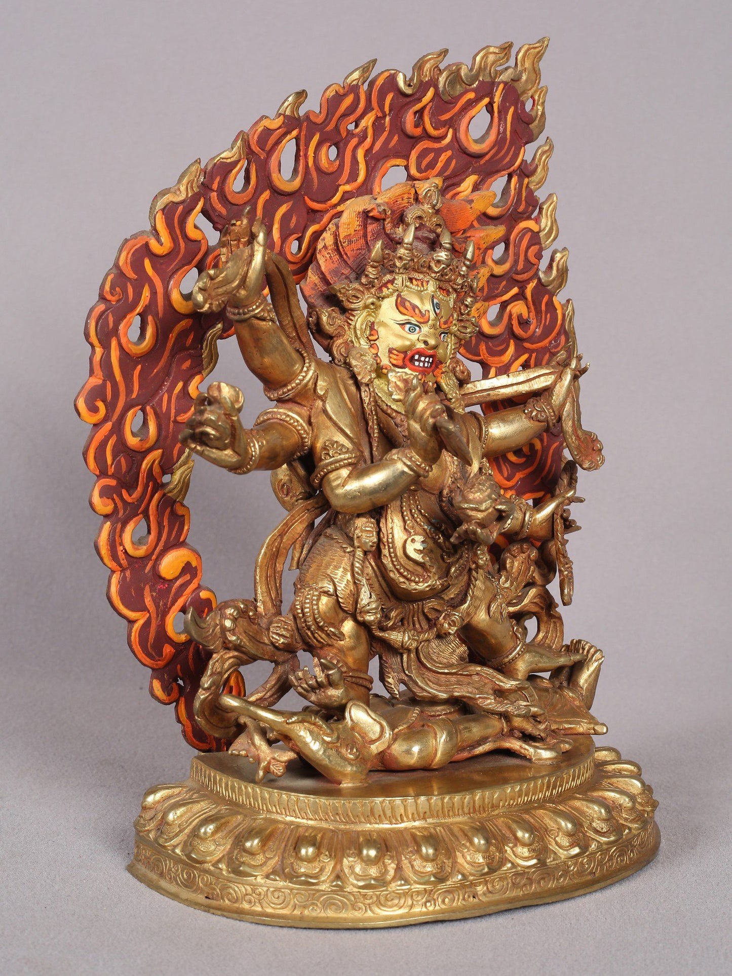 9" Six Hands Mahakala Statue from Nepal | Copper Idol with Gold Plated