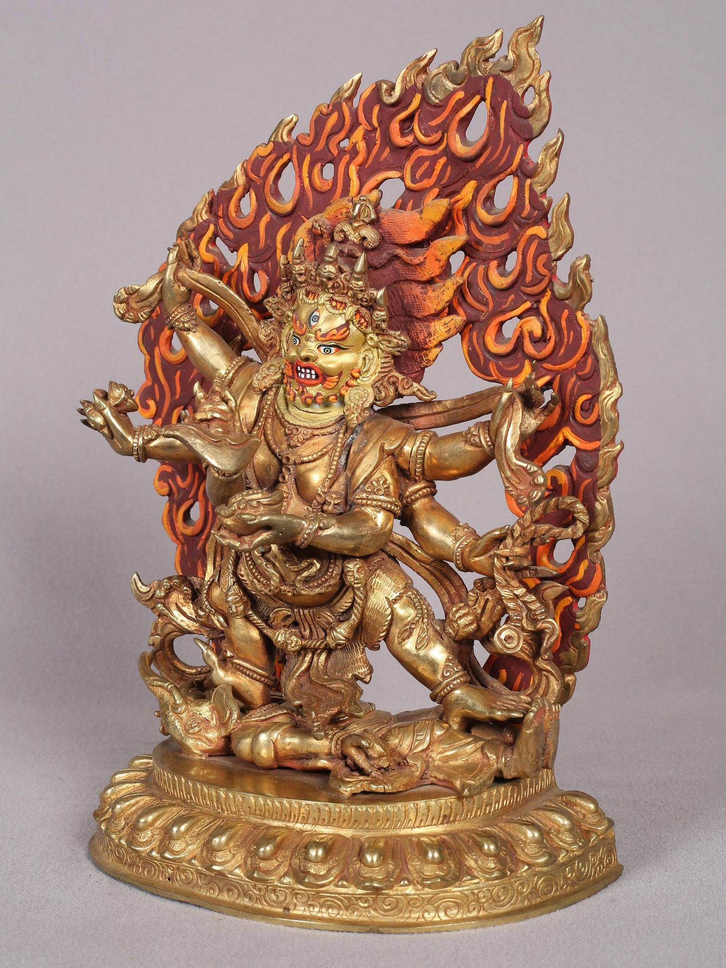 9" Six Hands Mahakala Statue from Nepal | Copper Idol with Gold Plated