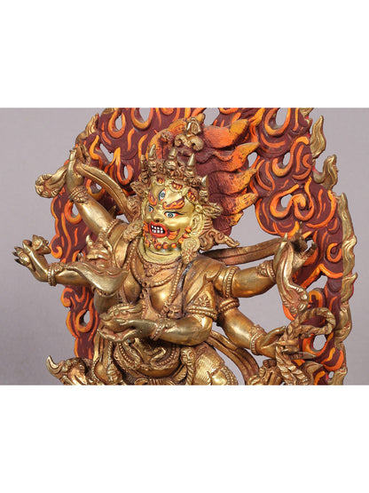 9" Six Hands Mahakala Statue from Nepal | Copper Idol with Gold Plated