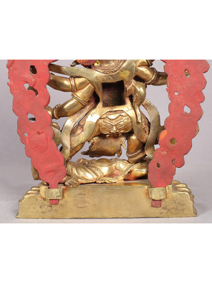 9" Six Hands Mahakala Statue from Nepal | Copper Idol with Gold Plated