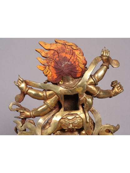 9" Six Hands Mahakala Statue from Nepal | Copper Idol with Gold Plated