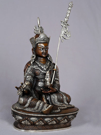 10" Guru Padmasambhava Idol Seated on Pedestal | Copper Statue from Nepal