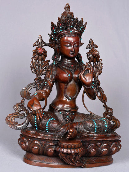 13" Tibetan Buddhist Goddess Green Tara Idol | Nepalese Copper Statue