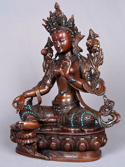 13" Tibetan Buddhist Goddess Green Tara Idol | Nepalese Copper Statue