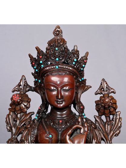 13" Tibetan Buddhist Goddess Green Tara Idol | Nepalese Copper Statue