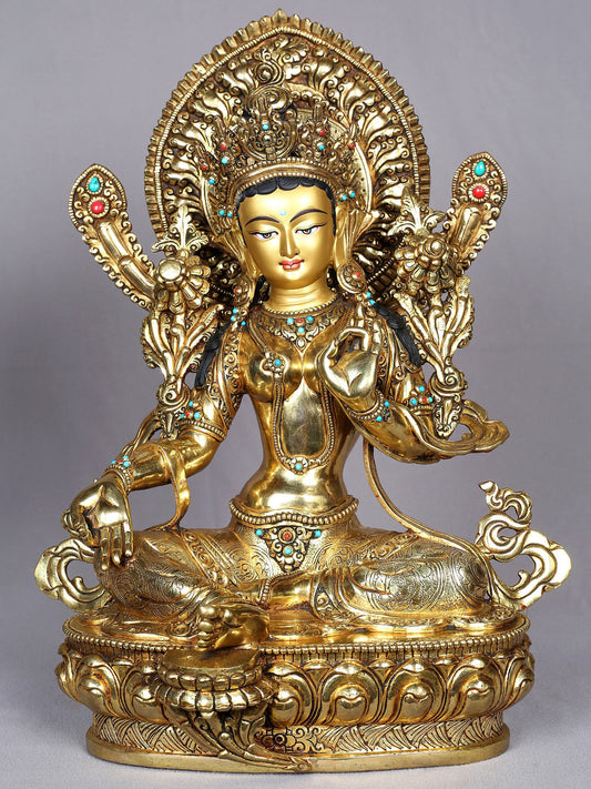 14" Tibetan Buddhist Goddess Green Tara Copper Statue from Nepal