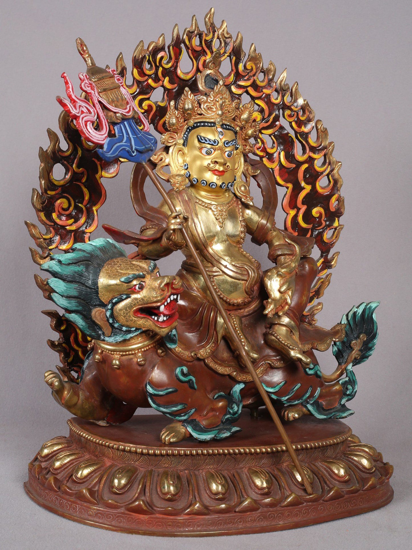 14" Buddhist Deity Singh Kubera Idol | Nepalese Copper Statue