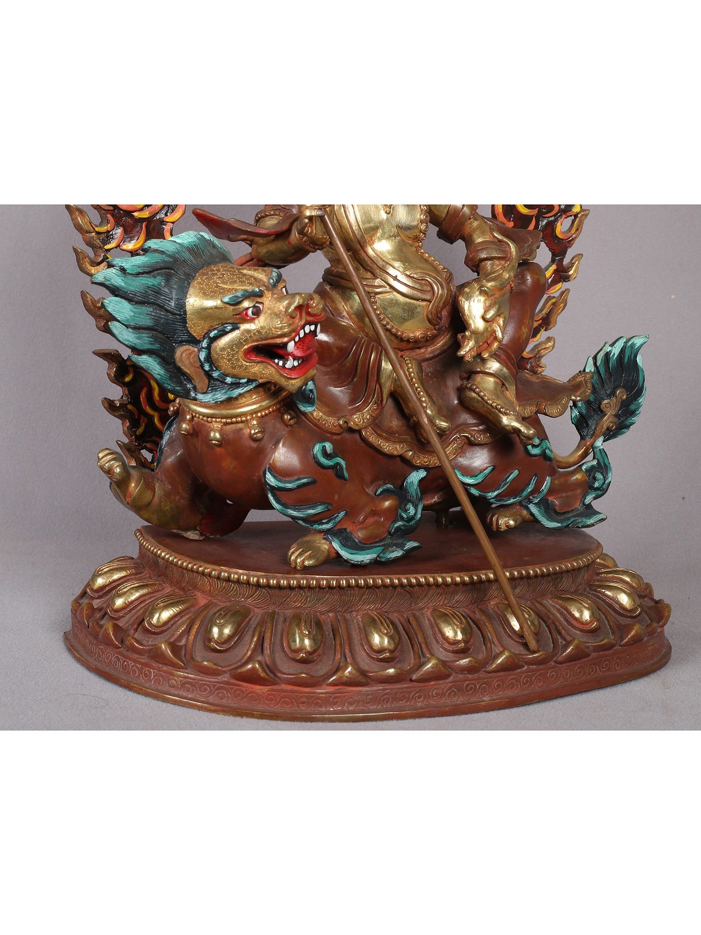 14" Buddhist Deity Singh Kubera Idol | Nepalese Copper Statue