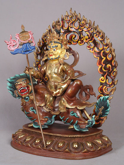 14" Buddhist Deity Singh Kubera Idol | Nepalese Copper Statue