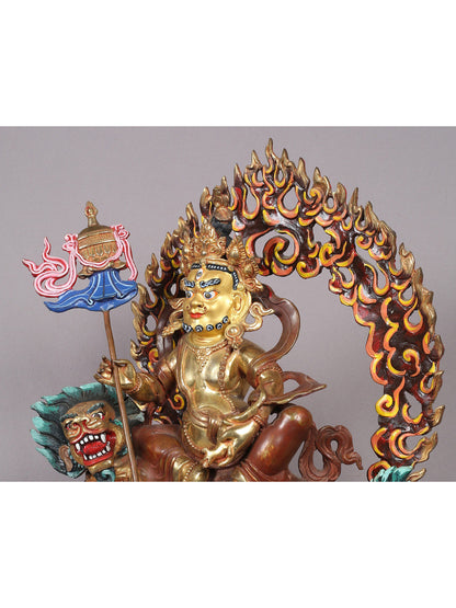 14" Buddhist Deity Singh Kubera Idol | Nepalese Copper Statue