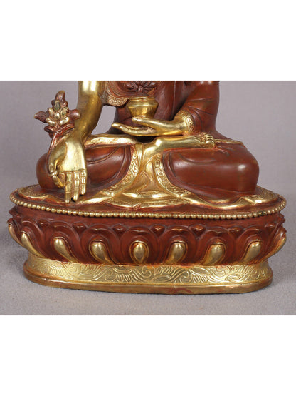 8" Medicine Buddha Copper Statue from Nepal | Copper Idol with Gold Plated