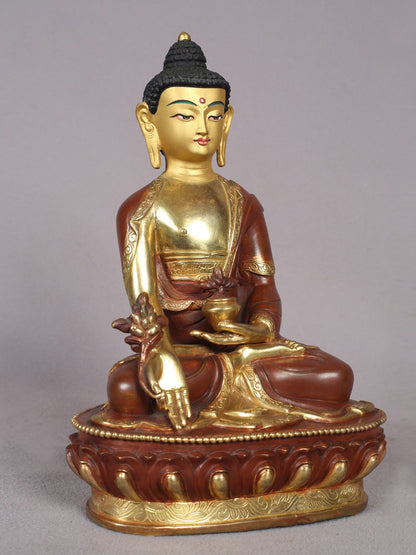 8" Medicine Buddha Copper Statue from Nepal | Copper Idol with Gold Plated