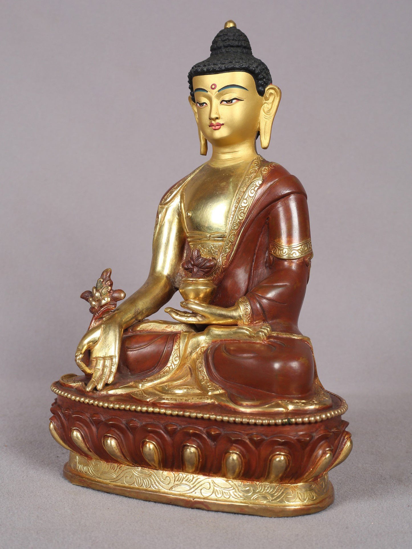 8" Medicine Buddha Copper Statue from Nepal | Copper Idol with Gold Plated