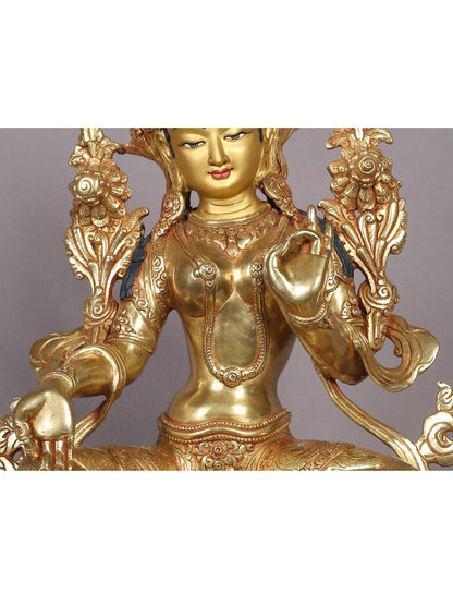 13" Goddess Green Tara Sculpture | Nepalese Copper Statue