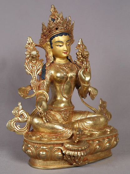 13" Goddess Green Tara Sculpture | Nepalese Copper Statue