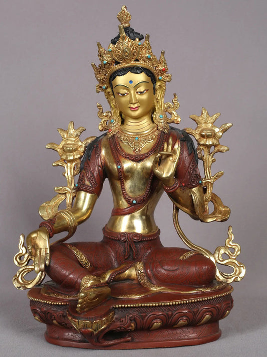 12" Goddess Green Tara Statue from Nepal | Tibetan Buddhist Copper With Gold Plated