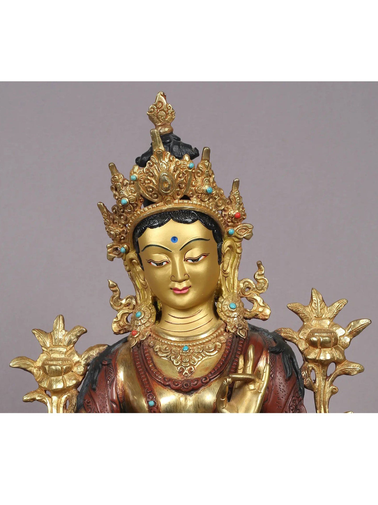 12" Goddess Green Tara Statue from Nepal | Tibetan Buddhist Copper With Gold Plated