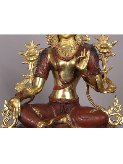 12" Goddess Green Tara Statue from Nepal | Tibetan Buddhist Copper With Gold Plated