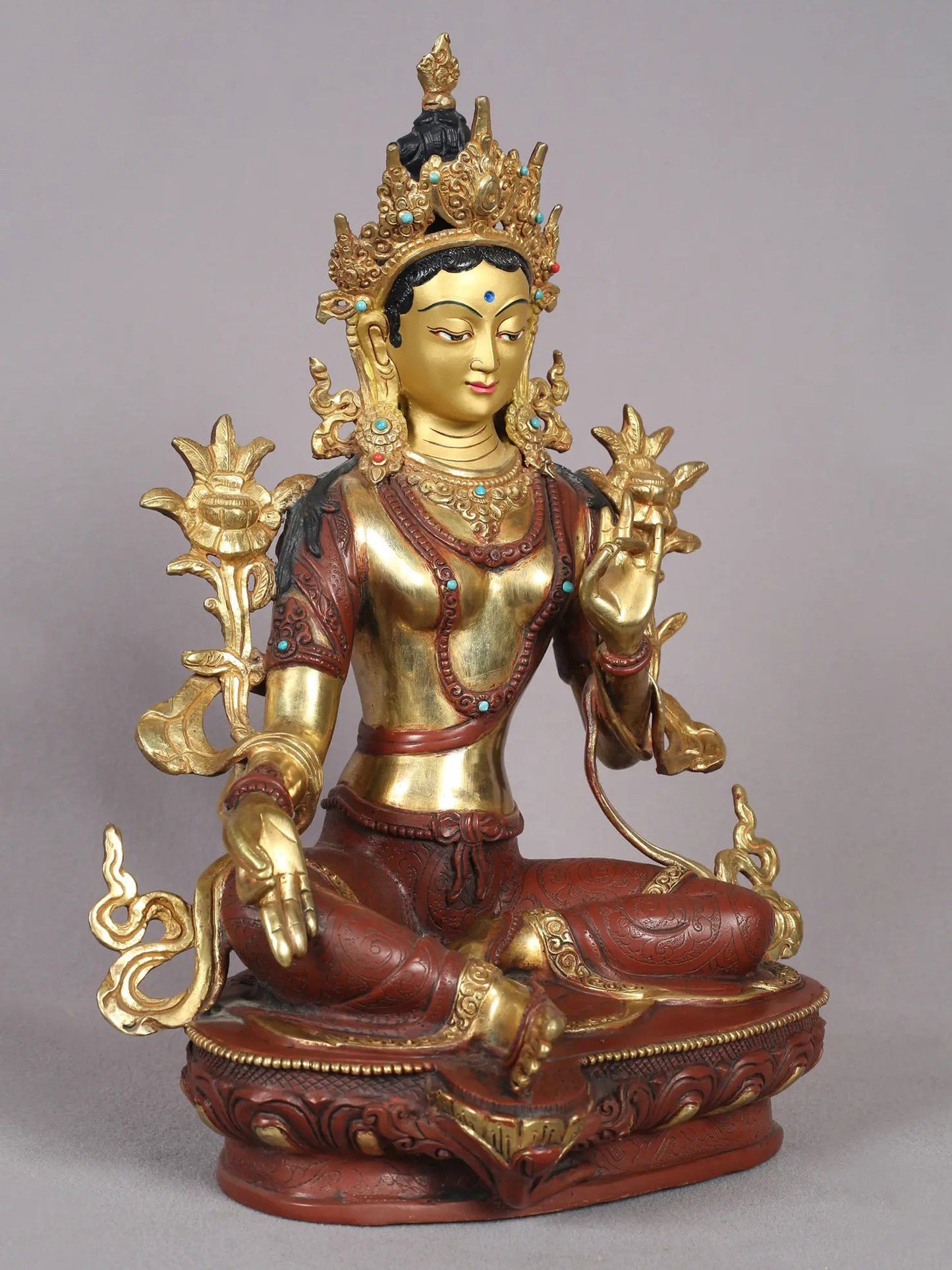 12" Goddess Green Tara Statue from Nepal | Tibetan Buddhist Copper With Gold Plated