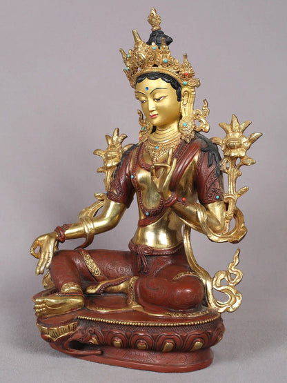 12" Goddess Green Tara Statue from Nepal | Tibetan Buddhist Copper With Gold Plated