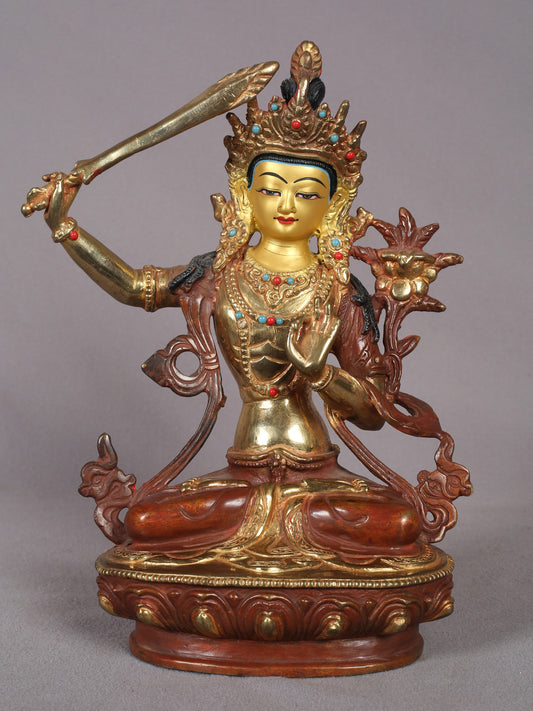 9" Tibetan Buddhist Deity Manjushri Copper Statue from Nepal